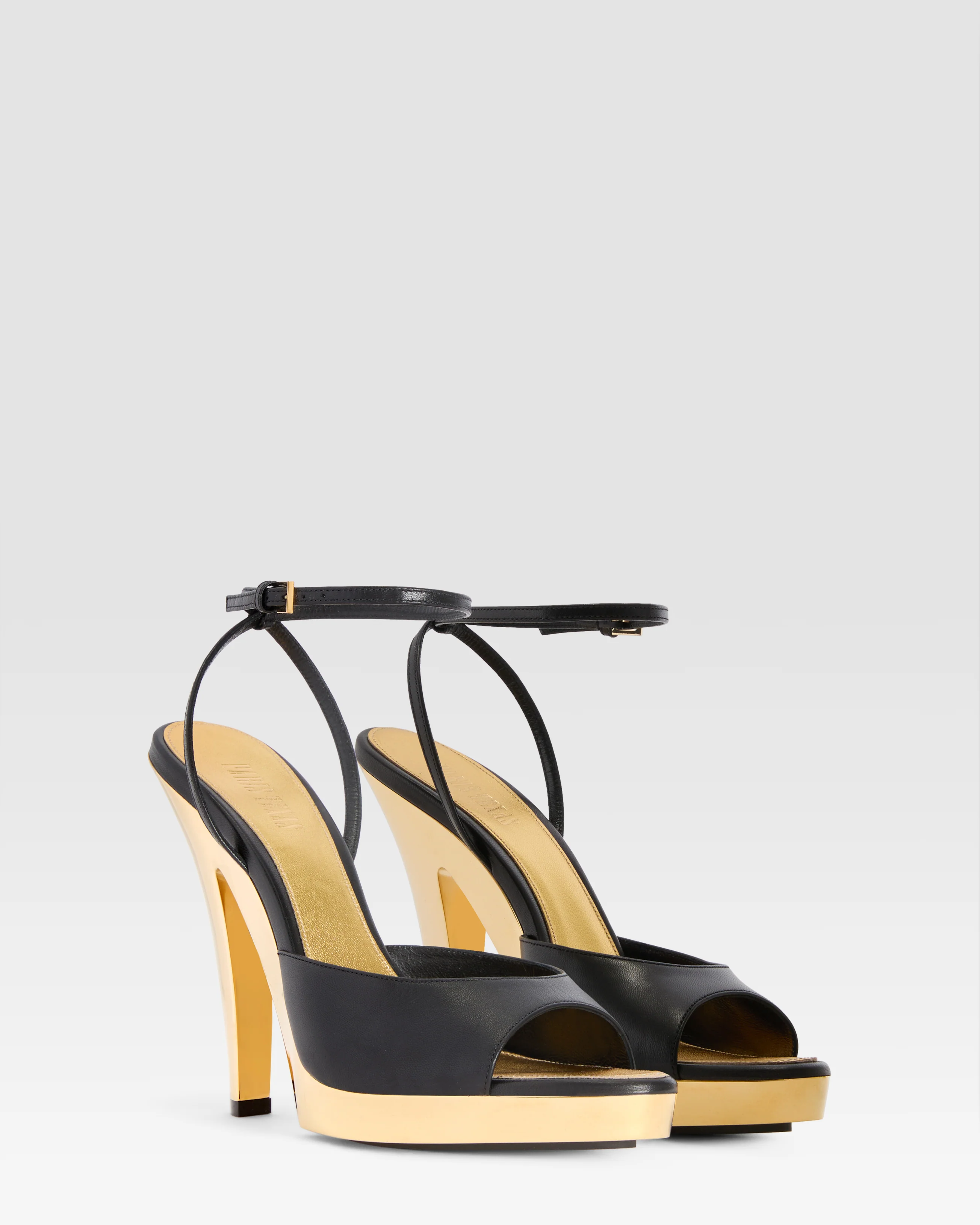 Ankle-strap sandals in shiny gold and black calf leather - Image 2