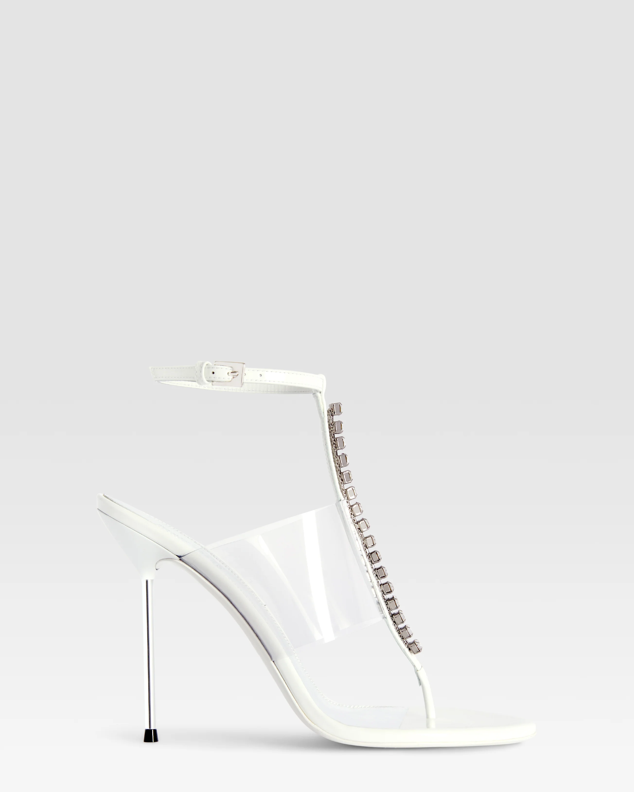 T-strap sandals in optic white patent leather with stud detailing