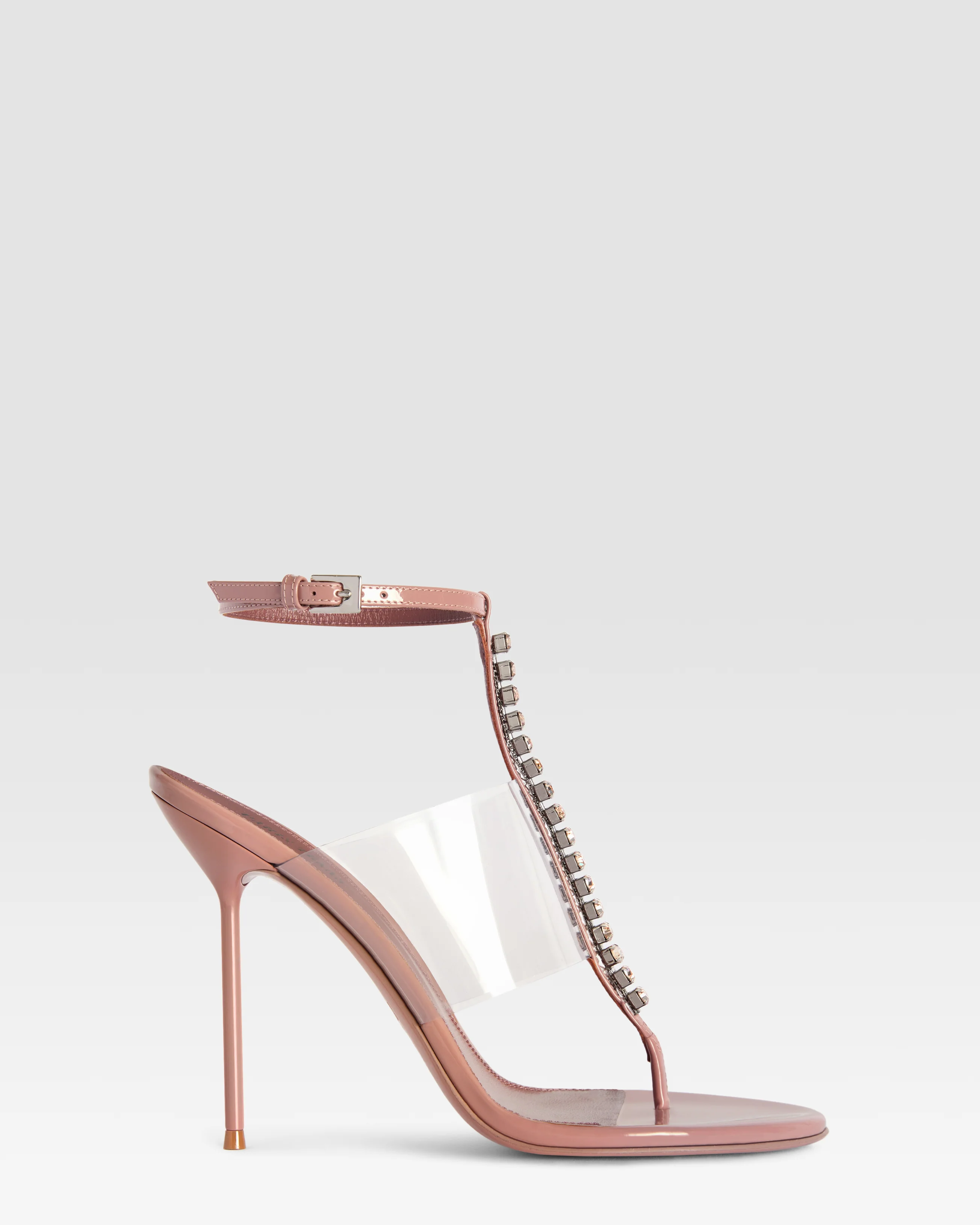 T-strap sandals in Texas rose patent leather with stud detailing
